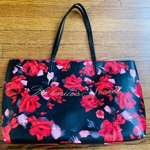 Victoria's Secret Black and Red Rose Floral Patterned Large Tote Bag Purse